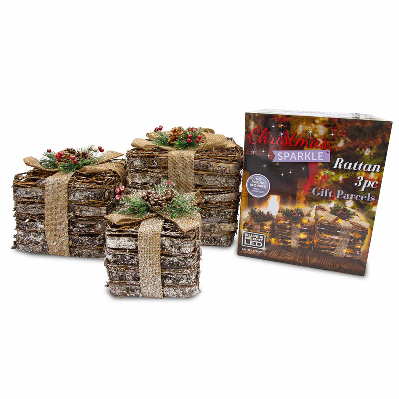 Christmas Sparkle Rattan Parcels with Bow x 3 Battery Operated with 40 Warm White LEDs