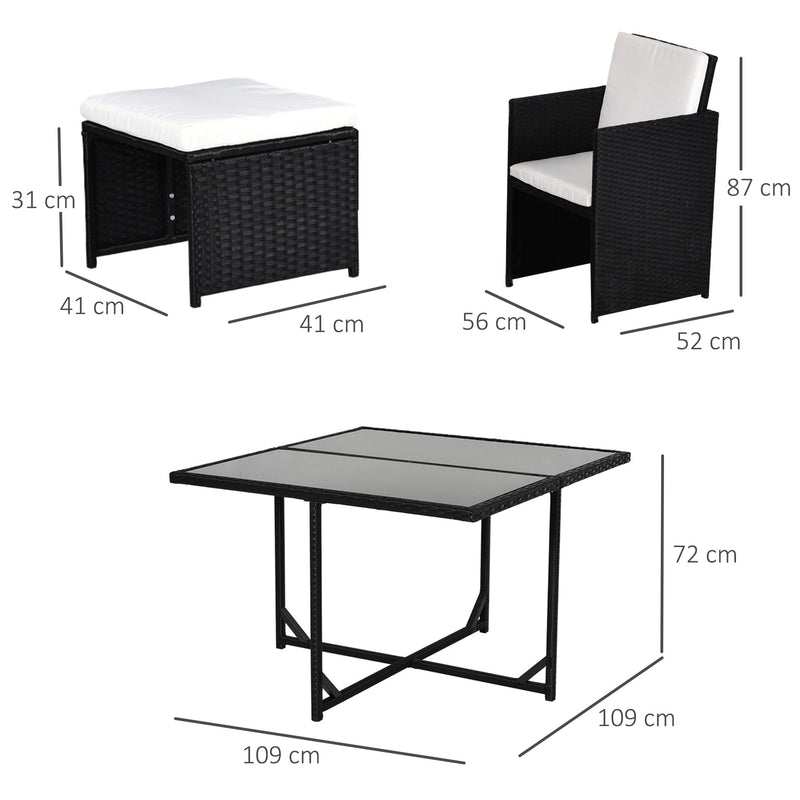 Outsunny 9 Pieces PE Rattan Cube Garden Furniture Set with Cushions, Outdoor Dining Table Set with 4 Armchair, 4 Stool, and Square Glass Top Table, Black