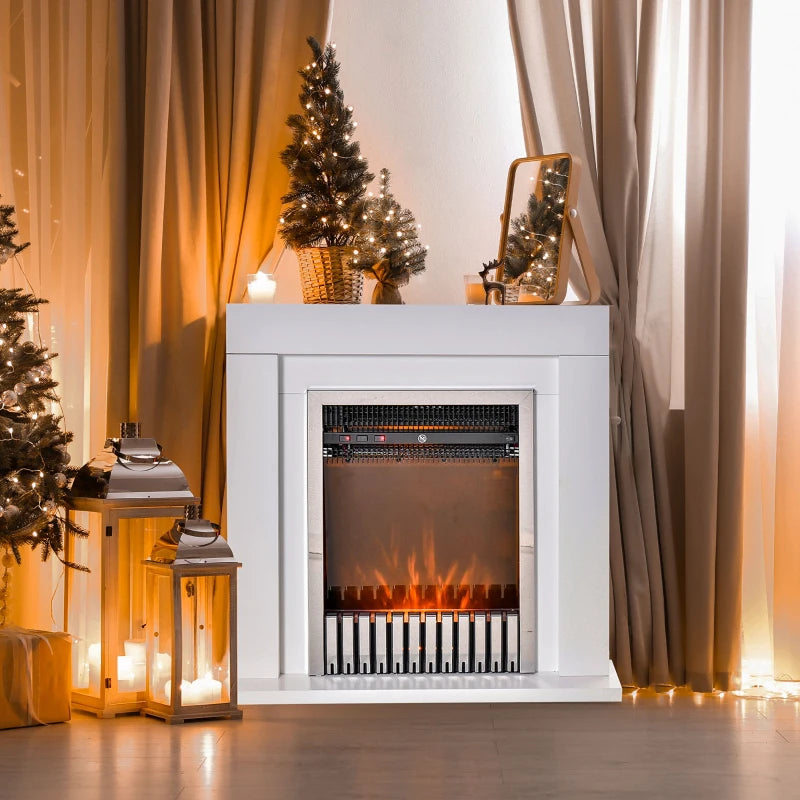HOMCOM Electric Fireplace Suite with Remote Control, Freestanding Fireplace Heater with Flame Effect, 1kW/2kW, Overheat Protection, 7-day Programmable Timer, White Safe Cut-Off