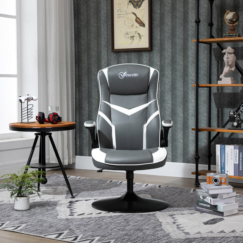 Vinsetto Gaming Chair Ergonomic Computer Chair with Adjustable Height Pedestal Base Home Office Desk Chair PVC Leather Exclusive Swivel Chair Grey and White Racing