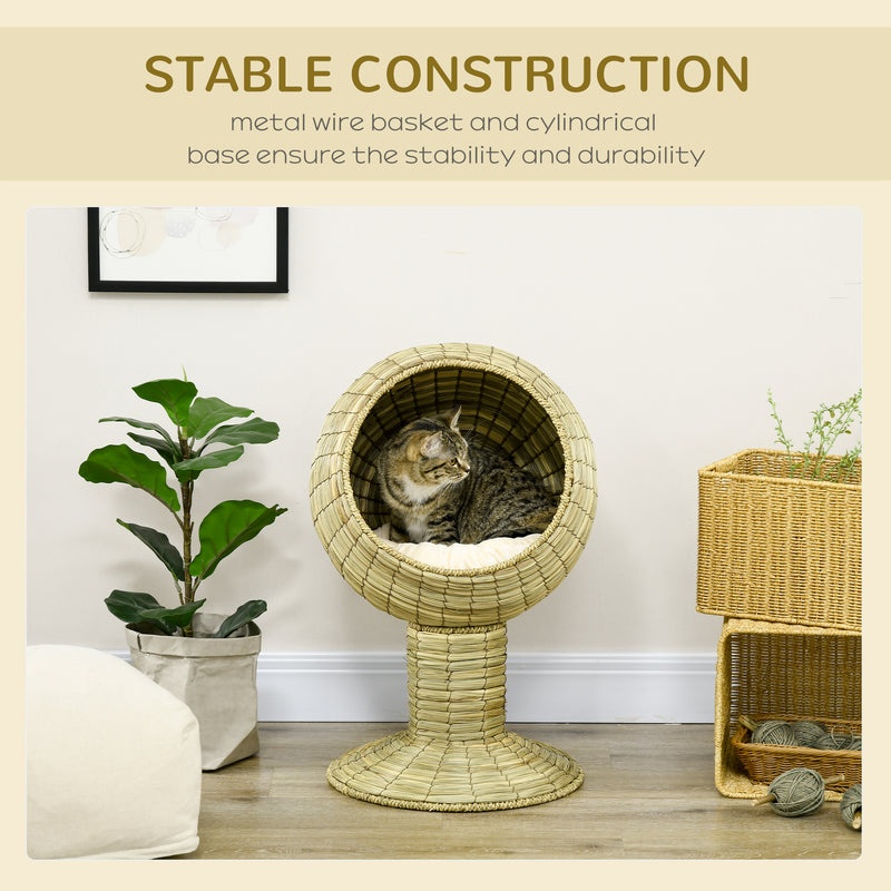 PawHut Raised Cat House, Natural Mat Grass Cat Bed w/ Stand Cushion, ?41x 69 cm