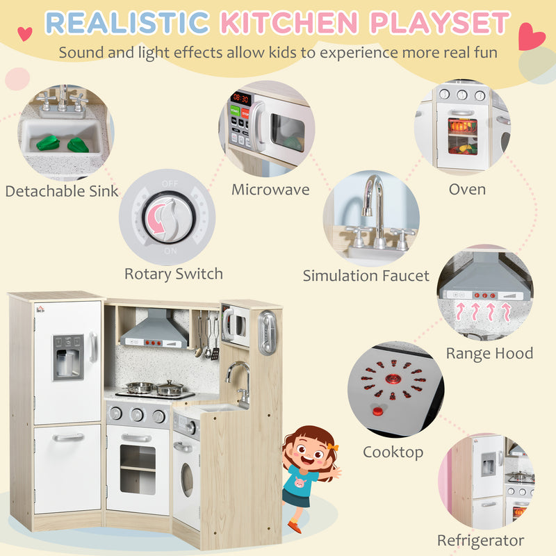 HOMCOM Corner Kids Kitchen w/ Sound Light, Phone, Microwave, Oven, Range Hood