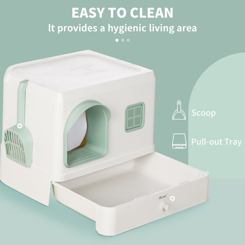 PawHut Cat Litter Box, Hooded Cat Litter Tray w/ Drawer Pan, Scoop, Deodorants