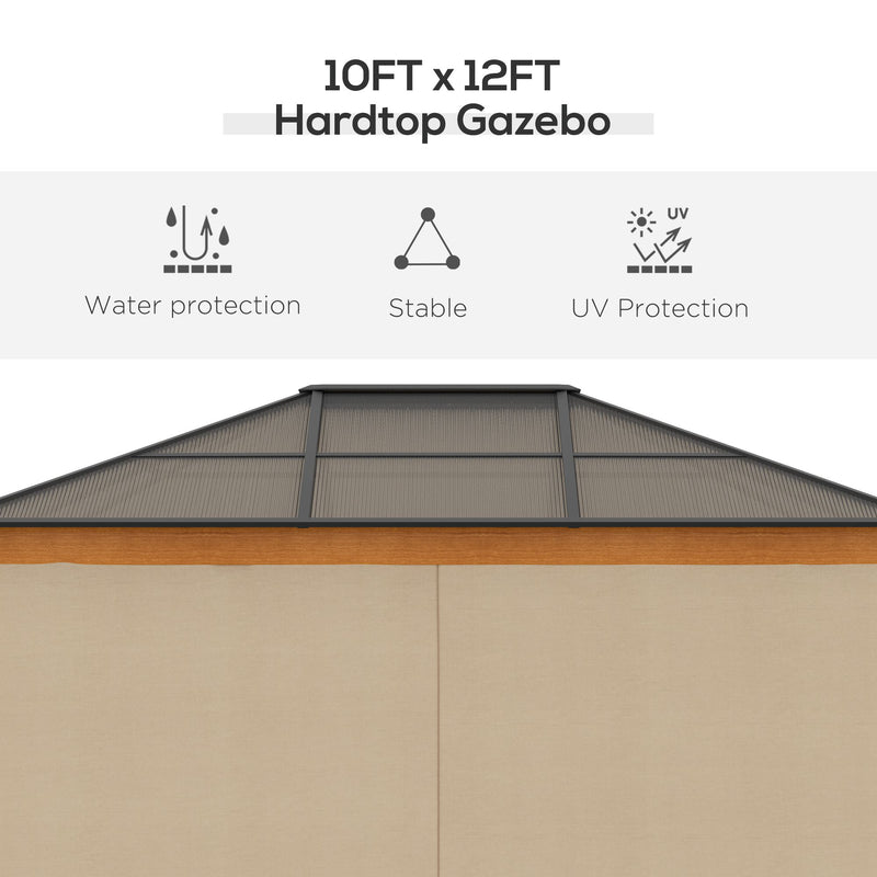 Outsunny Hardtop Gazebo Polycarbonate Canopy with Nettings and Sidewalls Khaki