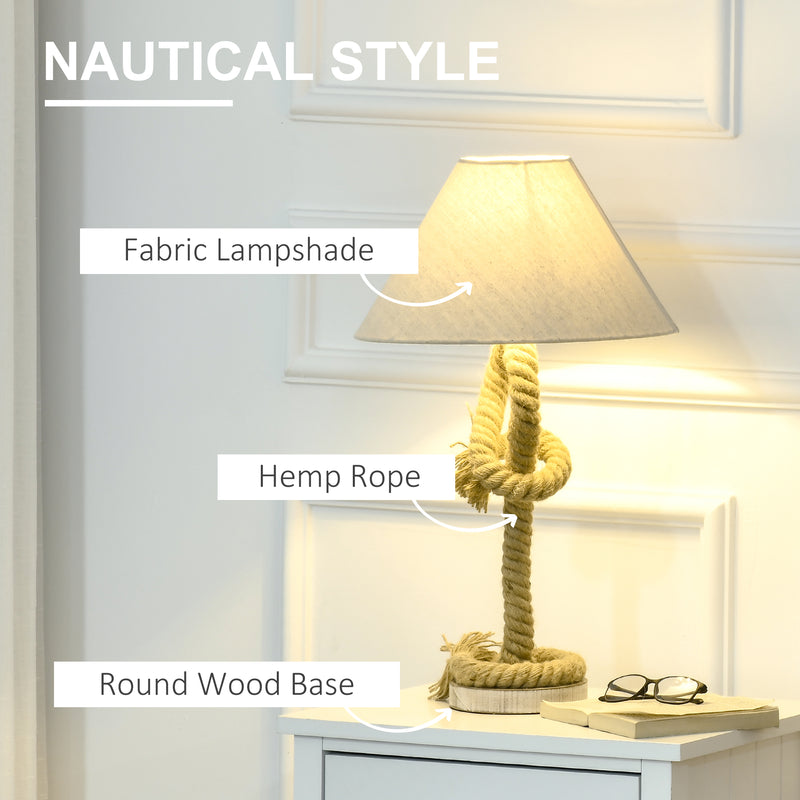 HOMCOM Farmhouse Table Lamp with Fabric Lampshade Twisted Hemp Rope for Study