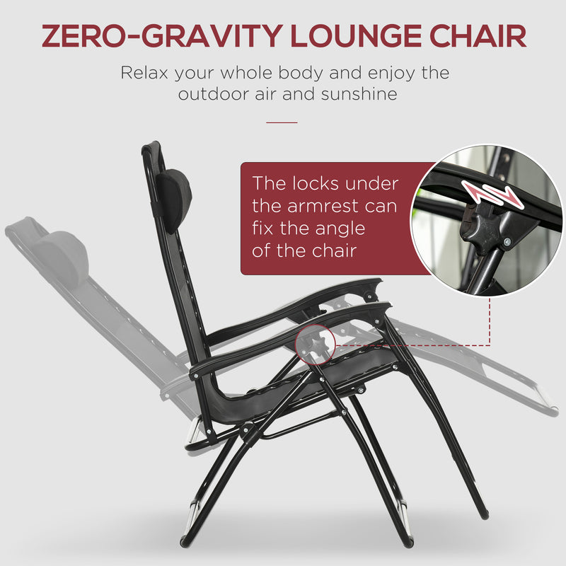 Outsunny Foldable Garden Recliner Chair Set of 2 w/ Footstool & Headrest, Black