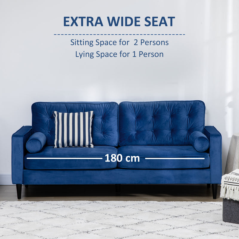 HOMCOM 3-Seater Sofa Velvet Feel Fabric Sofa Couch w/ Cylindrical Pillows, Blue