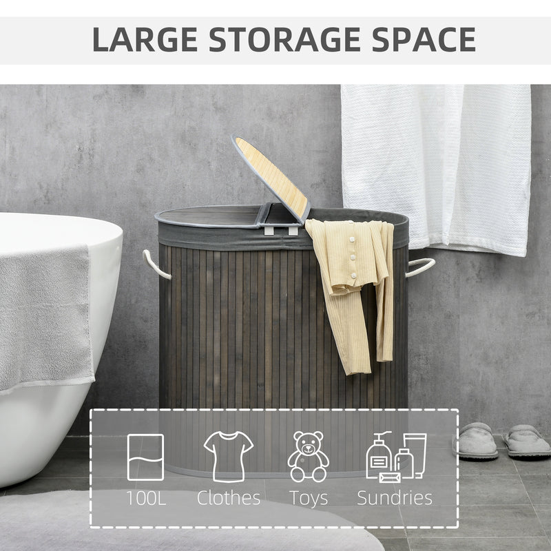 HOMCOM 100L Bamboo Laundry Basket w/ 2 Compartments Washing Baskets Grey