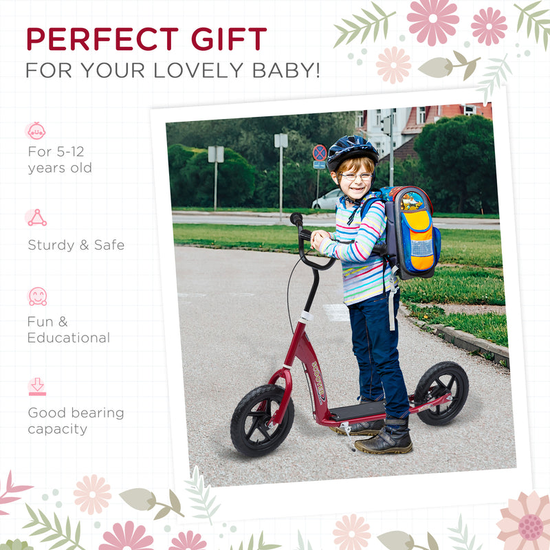 HOMCOM Push Scooter Teen Kids Stunt Bike Ride On with 12" EVA Tyres, Red