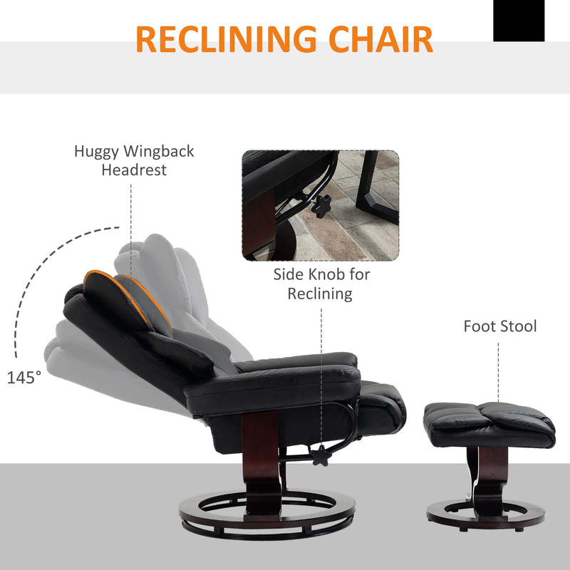 HOMCOM PU Leather Manual Reclining Armchair Footstool Set Padded Seat Black