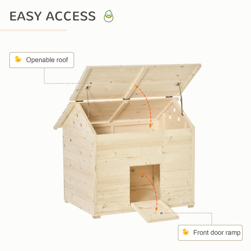 PawHut Wooden Duck House w/ Openable Roof, Raised Base, Air Holes - Natural