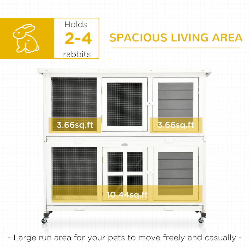 PawHut Wooden Rabbit Hutch, Small Animal House w/ Wheels, Removable Tray - Grey