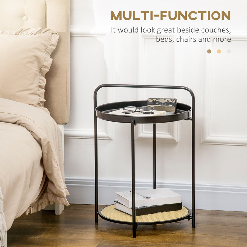 HOMCOM Side Table End Table with Serving Tray and Plastic Rattan Shelf, Black