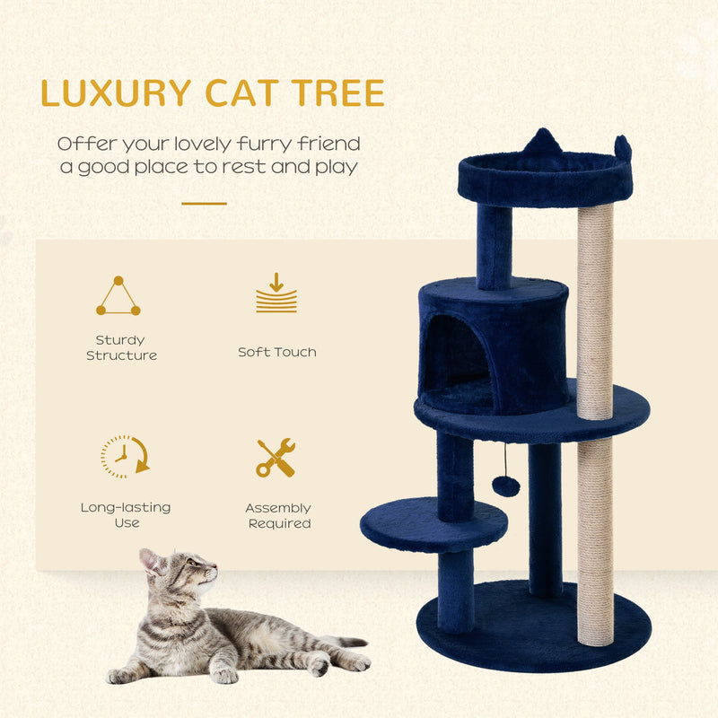 PawHut 4 Tiers 104cm Cat Tree W/ Scratching Posts Perches  Hanging Ball, Blue