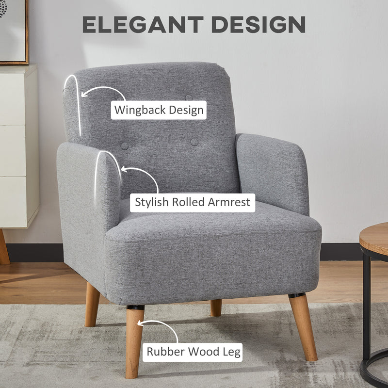 HOMCOM Upholstered Armchair, Nature Wood Frame Padded Living Room Chair, Grey