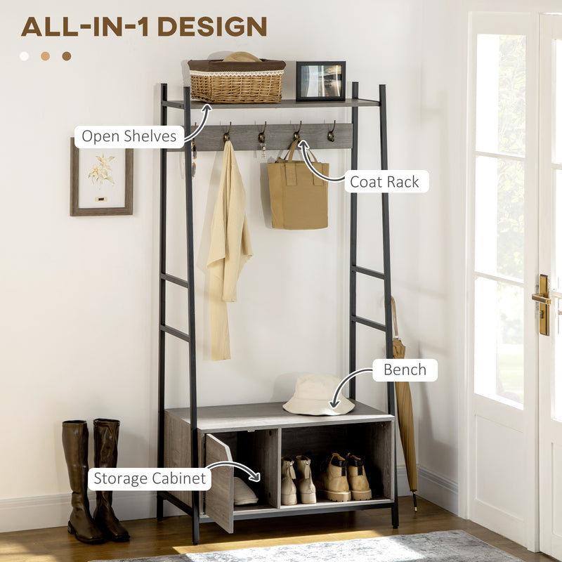 HOMCOM Coat Rack Stand, Shoe Bench with 5 Hooks and Storage Cabinet Grey