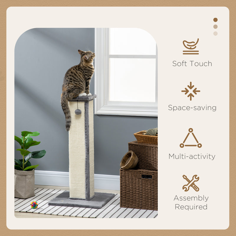 PawHut 81cm Cat Scratching Post w/ Sisal Rope, Hanging Ball, Soft Plush - Grey