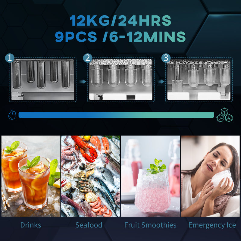 HOMCOM Ice Maker w/ Ice Scoop Basket 12Kg in 24 Hrs 9 Cubes Ready in 6-12Mins