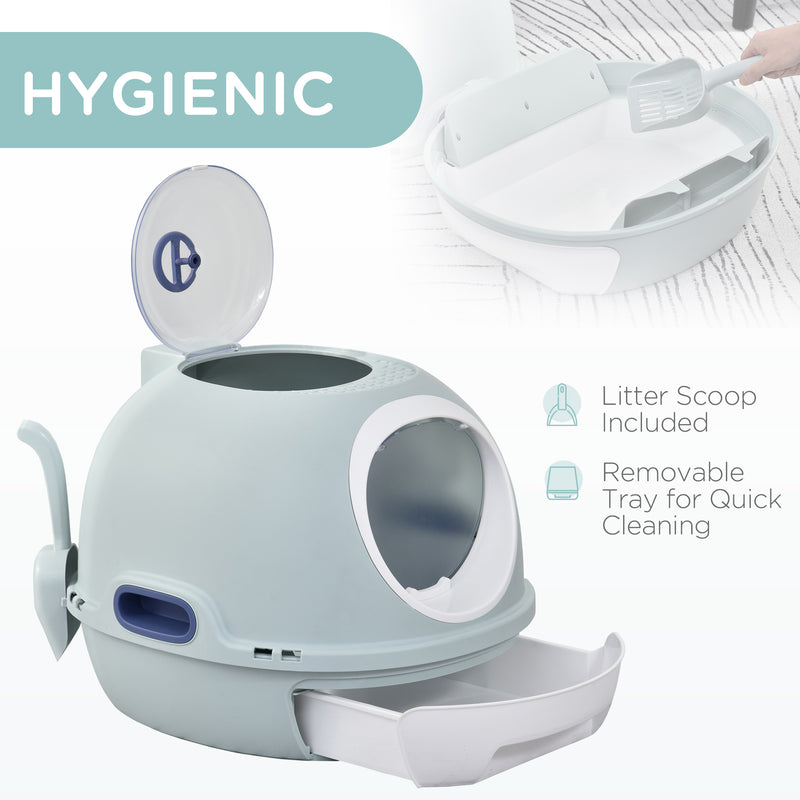 PawHut Futuristic Capsule-Shaped Cat Litter Box w/ 2 Doors Scoop Drawer Blue