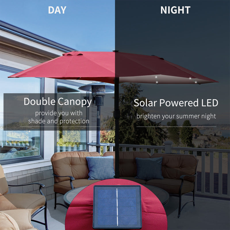 Outsunny 4.4m Double-Sided Sun Umbrella Patio Parasol Solar Lights Wine Red