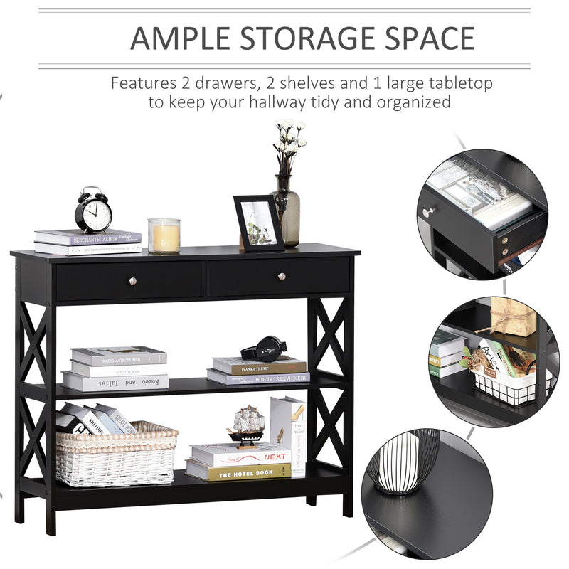 HOMCOM Console Table Side Desk Shelves Drawers Open Top X Support Hallway Black