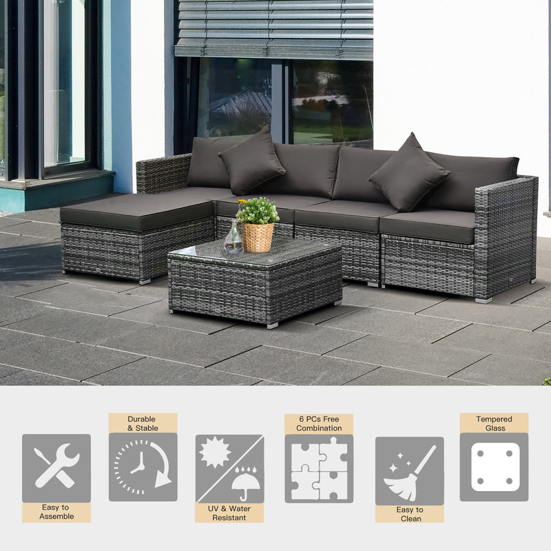 Outsunny 6 Pieces Outdoor Rattan Corner Sofa Set, Patio Aluminum Frame with All-weather Wicker Conversation Furniture w/ Coffee Table & Cushions, Mixed Grey