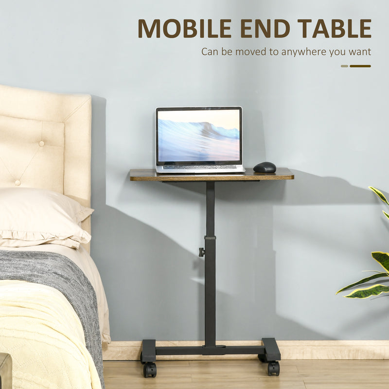 HOMCOM Mobile Laptop Table, End Table with Wheels Height Adjustable, Brown