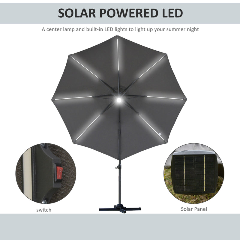 Outsunny 3(m) LED Cantilever Parasol Outdoor with Base Solar Lights Grey