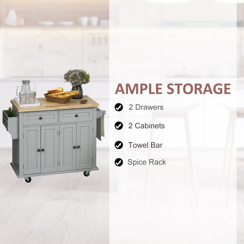 HOMCOM Rolling Kitchen Island Cart with Rubber Wood Top, Spices, and Towel Rack