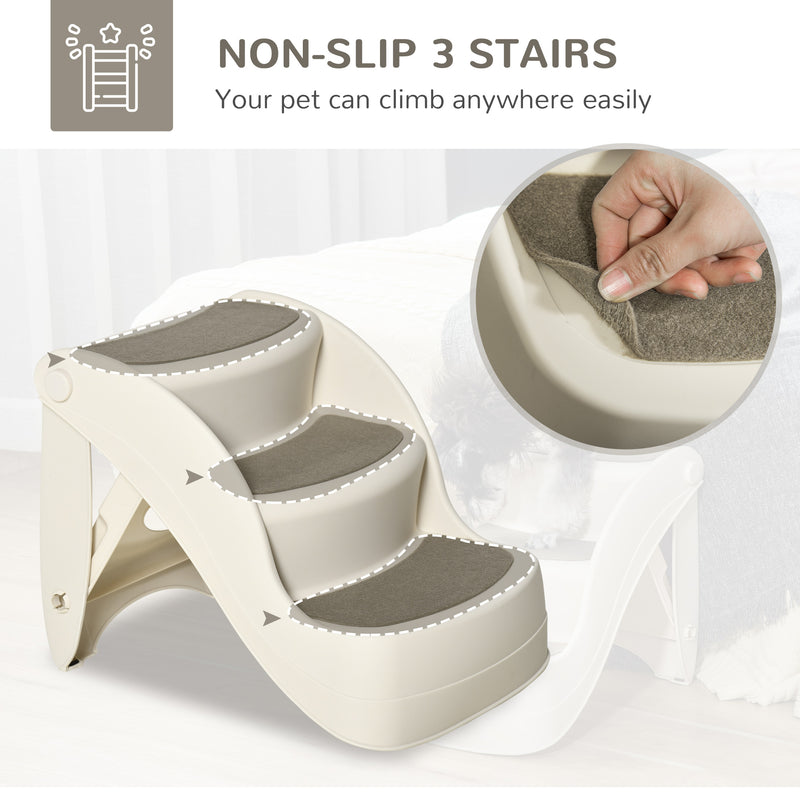 PawHut Foldable Pet Stairs 3 Steps with Non-slip Mats for Small Dogs, Cream