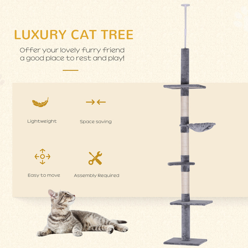 PawHut Floor to Ceiling Cat Tree for Indoor Cats 5-Tier Kitty Tower Grey