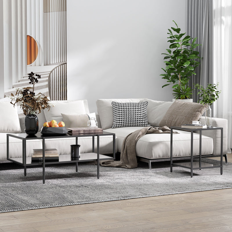 HOMCOM Coffee Table with Tempered Glass Top, Centre Table with 2-Tier Storage