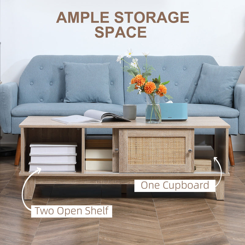 HOMCOM Coffee Table with Storage, Tea Table with Sliding Doors & Natural Rattan