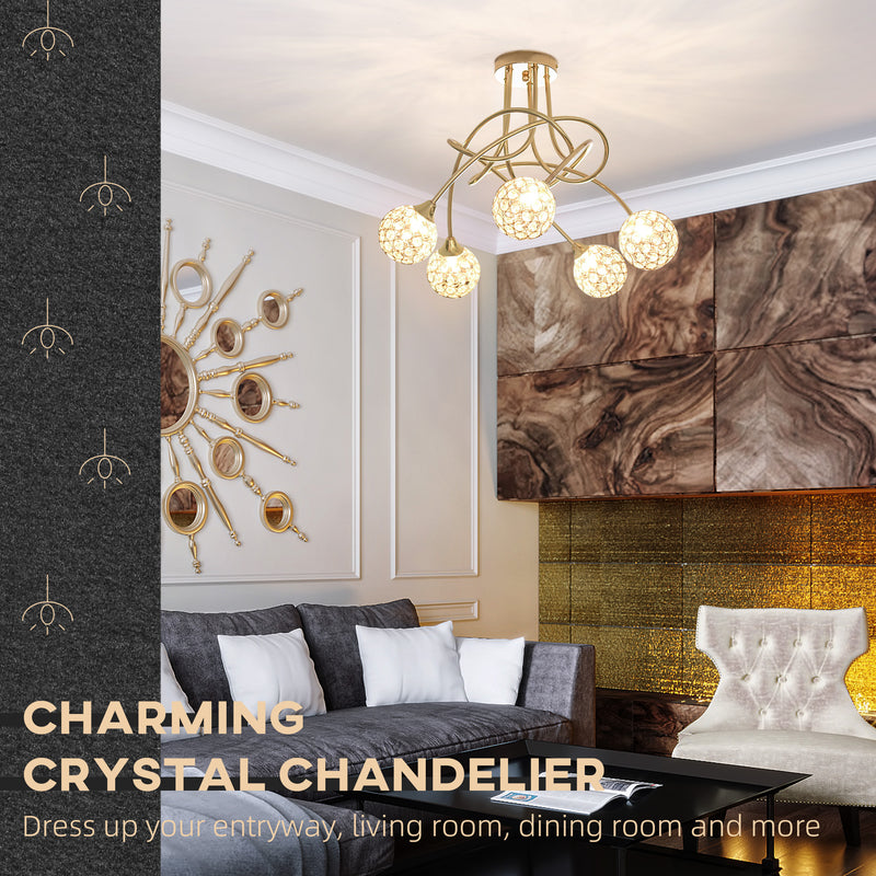 HOMCOM Chandelier Ceiling Light Pendant Light with 5 Globe Lampshades, Gold