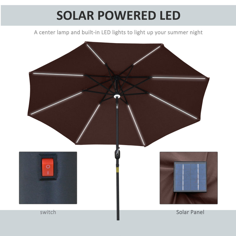 Outsunny 2.7m Garden Parasol Summer Shelter w/ LED Solar Light Crank Tilt Coffee