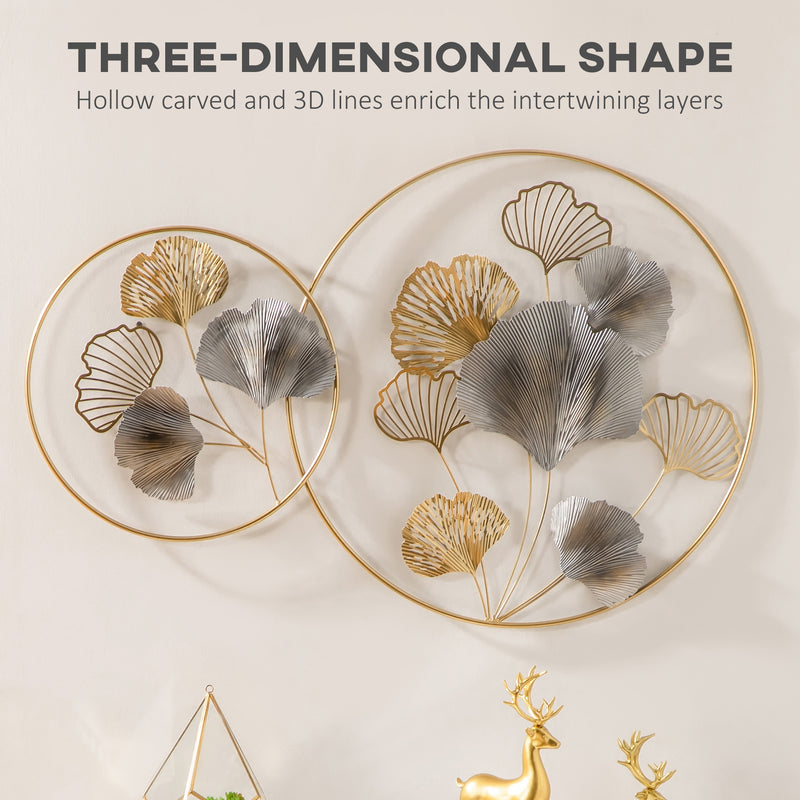 HOMCOM Minimalist Metal Wall Art Ginkgo Leaves Hanging Wall Sculpture, Gold