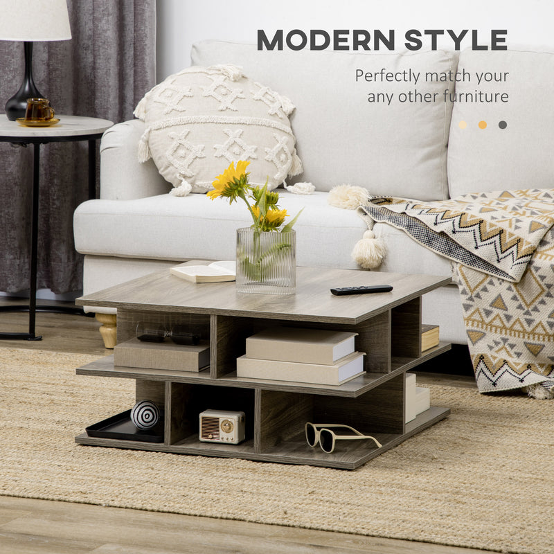 HOMCOM Square Modern 2-Tier Coffee Table with Multiple Storage Shelves Grey