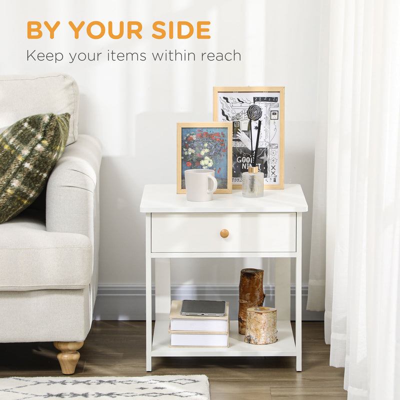HOMCOM Bedroom Bedside Table, Sofa Side Table with Drawer and Shelf, White