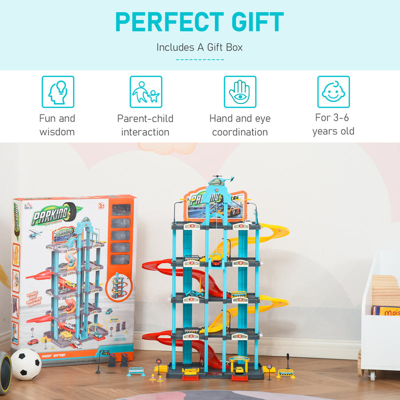 HOMCOM 5-Level Car Parking Garage Toy Race Tracks Car Ramp Set Toddler Car Game