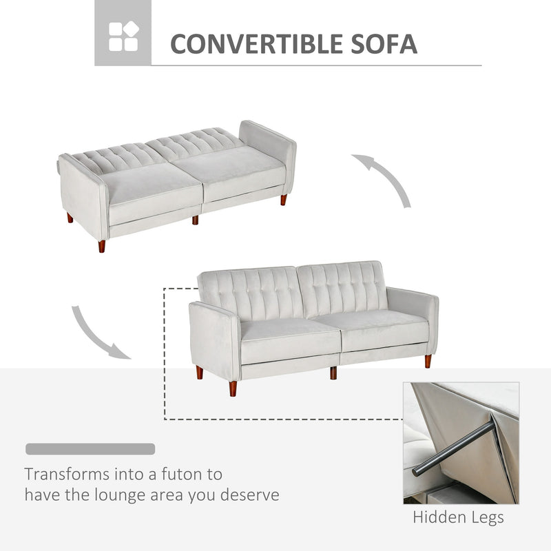 HOMCOM Convertible Sofa Futon Velvet-Touch Tufted Couch Sofa Bed Split Back Grey