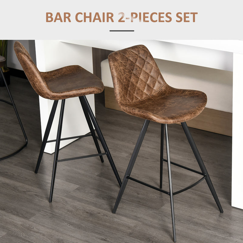 HOMCOM Set Of 2 Bar Stools Vintage Microfiber Cloth Tub Seats Padded Steel Brown