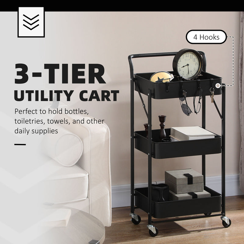 HOMCOM Rolling Utility Cart with 3 Mesh Basket 4 Hooks for Kitchen Black