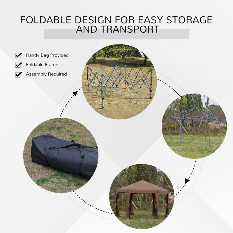 Outsunny 3.2m Pop Up Gazebo Hexagonal Canopy Tent Outdoor w/Sidewalls Brown