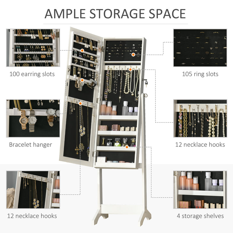 HOMCOM Mirrored Jewellery Cabinet Lockable Jewellery Organiser for Bedroom White