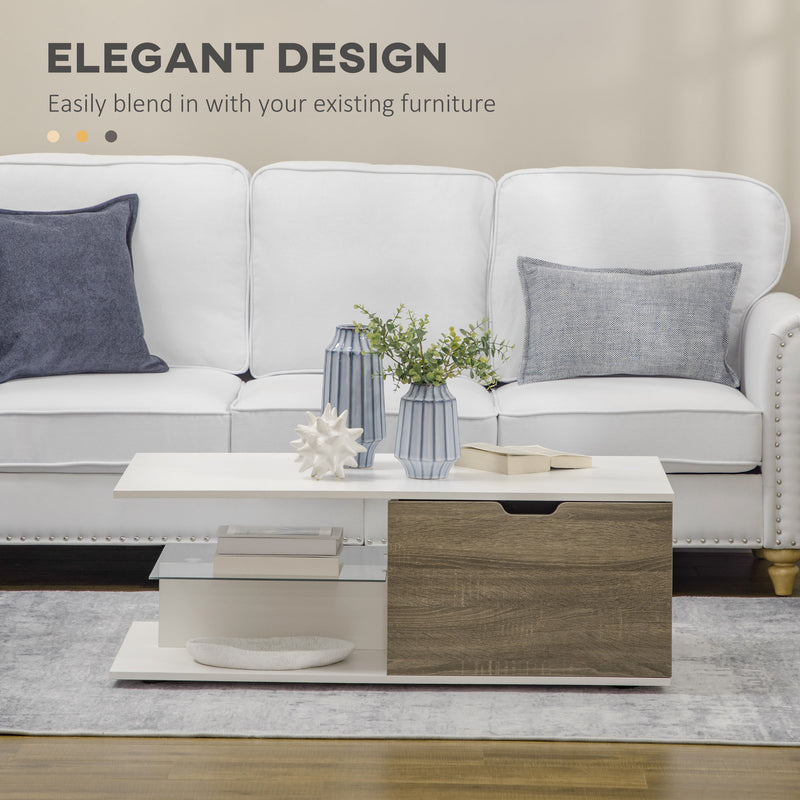 HOMCOM Modern Coffee Table w/ Tempered Glass Shelve, Drawers for Living Room