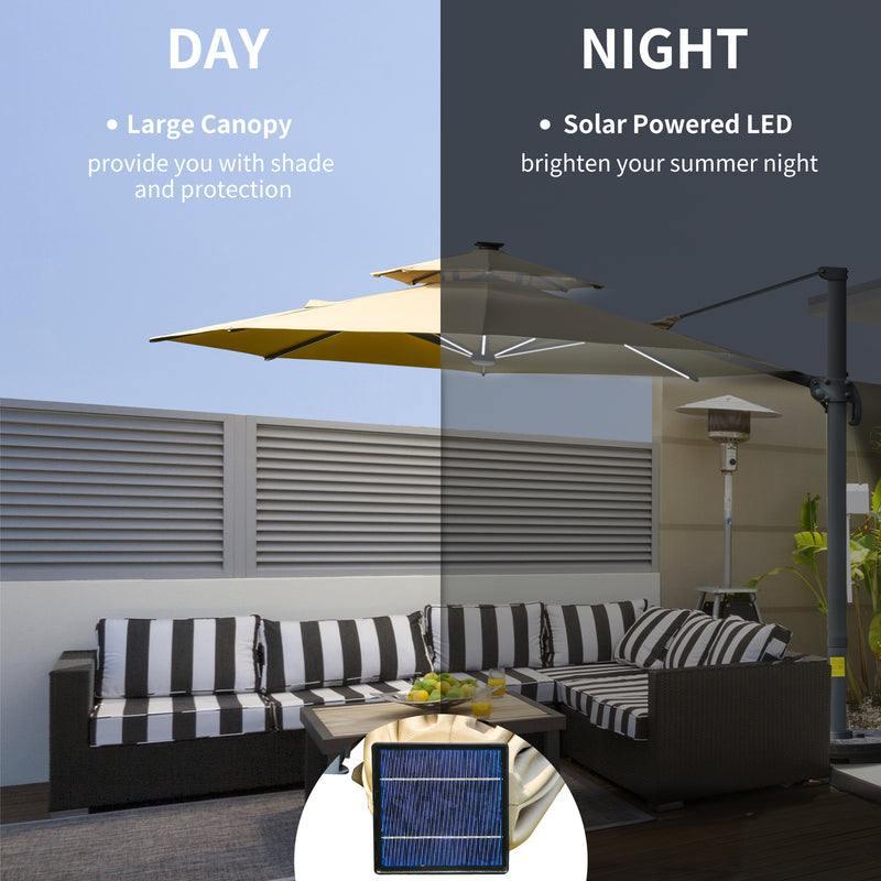 Outsunny 3m Cantilever Parasol Solar Lights Power Bank Base 360° Spin Beige