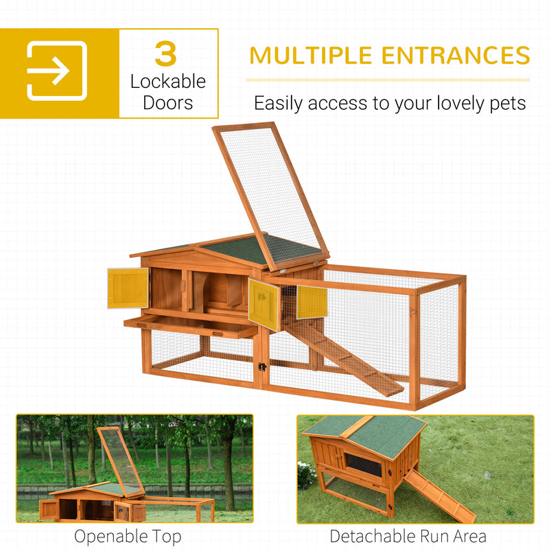 PawHut Rabbit Hutch and Run Outdoor w/ Sliding Tray Hay Rack Ramp, 156x58x68 cm