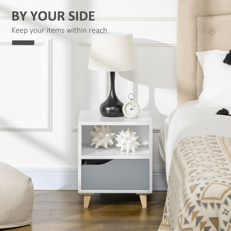 HOMCOM Bedroom Bedside Table, Sofa Side Table with Drawer Shelf and Wood Legs