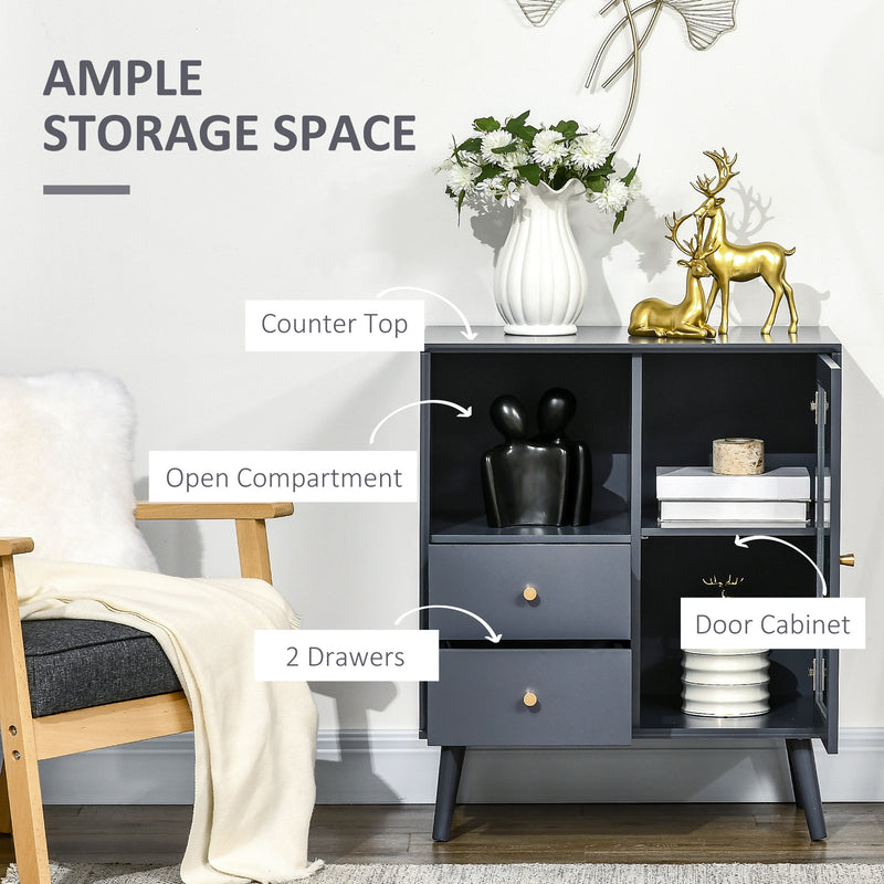 HOMCOM Modern Sideboard Cabinet, Glass Door Cupboard with 2 Drawers, Grey