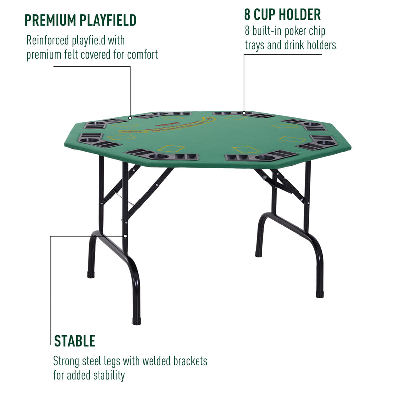 HOMCOM 8 Player Folding Games Poker Table Chip Cup Holder Steel Base Felt Green